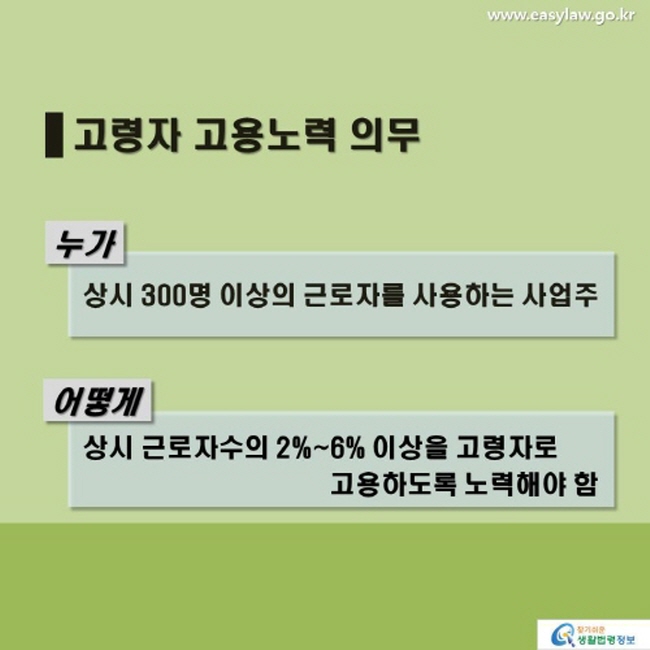 고령자 고용노력 의무 누가 상시 300명 이상의 근로자를 사용하는 사업주 어떻게 상시 근로자수의 2%~6% 이상을 고령자로 고용하도록 노력해야 함